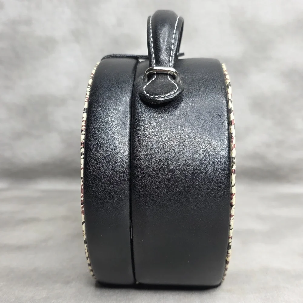 Vanity Jewelry Case Houndstooth Inset‎ & Black Leather Inside Mirror w/Pocket